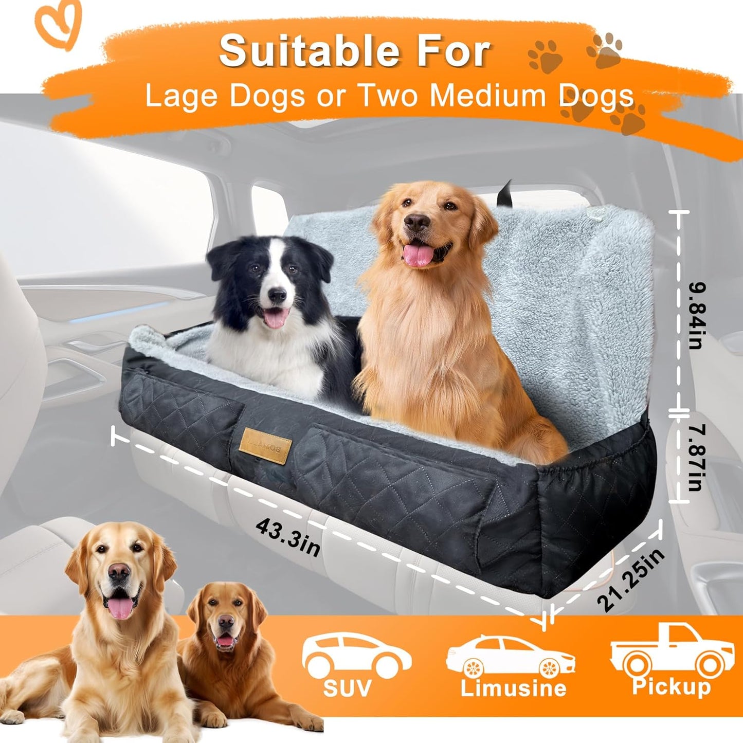 Large Dog Car Seat, Detachable Washable Car Dog Bed for Large/Medium or 2 Small Dogs, Soft Fabric and Non-Slip Base Covers for Cars Back Seat, Travel Pet Seat Covers Backseat