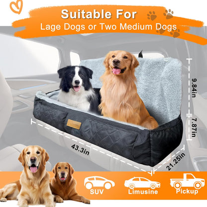 Large Dog Car Seat, Detachable Washable Car Dog Bed for Large/Medium or 2 Small Dogs, Soft Fabric and Non-Slip Base Covers for Cars Back Seat, Travel Pet Seat Covers Backseat