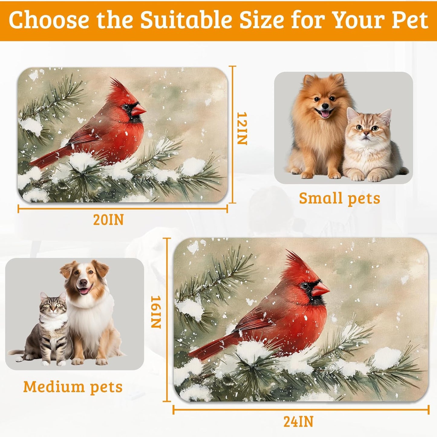 Pet Feeding Mat,Cardinal Bird Absorbent Dog Cat Food Mat Christmas Dog Mat with Rubber Backing,Non-Slip Water Bowl Placemat,Pet Supplies 16" x 24"