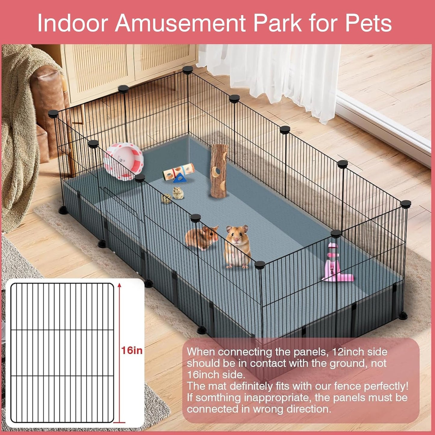 12 Panels Small Animal Playpen, 48" x 24" x 16" Pet Playpen with Waterproof Mat, C&C Cage for Guinea Pigs, Puppy Play Pen, Bunny Playpen, Indoor Outdoor Portable Metal Wire Yard Fence