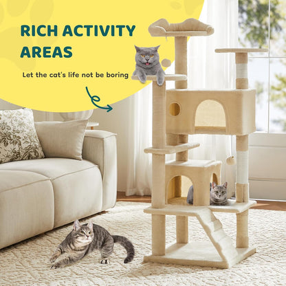 Cat Tree 54 Inch, Multi-Level Cat Tower with Condo, Perches, Sisal Scratching Posts and Climbing Ladder, Pet Play Toy Balls House for Indoor Cats, Beige