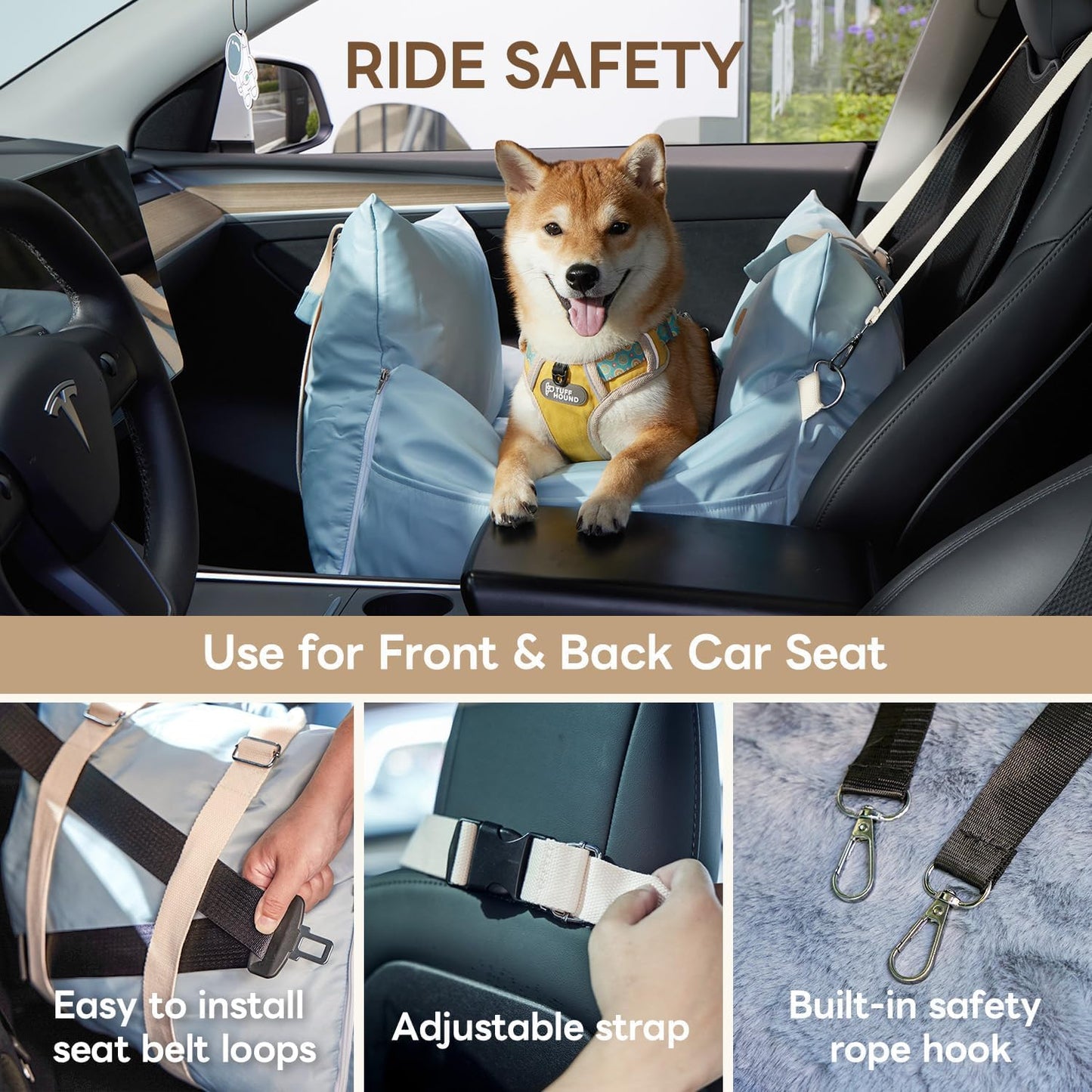 PETTENA Dog Car Seat for Small/Medium Dogs, Detachable Washable Soft Portable Dog Booster Seat, Dog Car Bed with Storage Pockets, Waterproof Puppy Booster Car seat for Small Pets Up to 25lbs, Blue