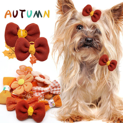 Mruq Small Dog Hair Bows with Rubber Bands, Mix Handmade Cute Puppy Gooming Flower Ball Bows for Holiday Daily Accessories (Orange-A326)