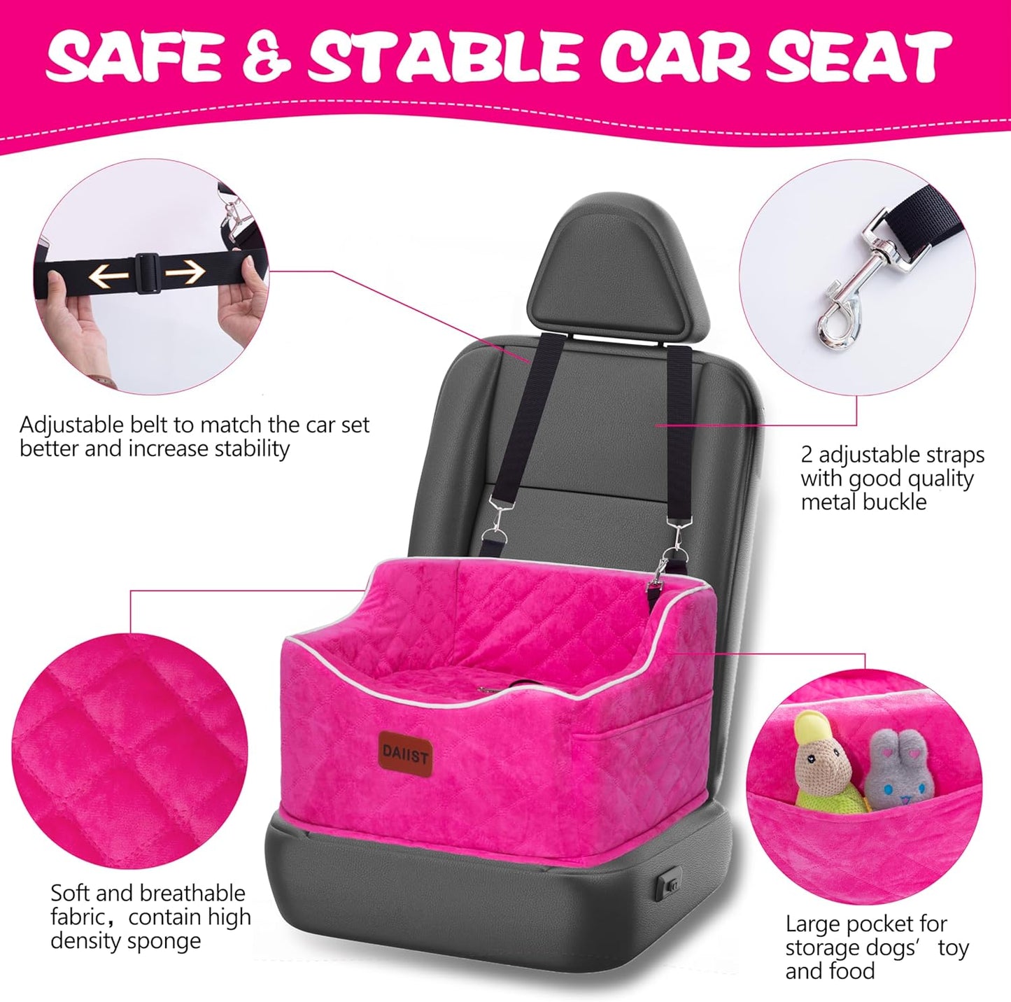 Dog Car Seat for Small Medium Dogs, Detachable Washable Dogs Booster Seat Under 35lbs, Elevated Dog Car Bed with Storage Pockets (Pink, One Size)