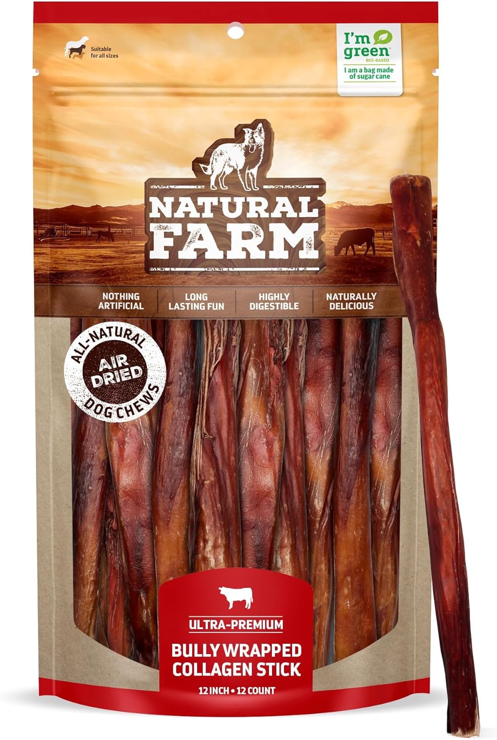Natural Farm Bully Wrapped Collagen Sticks for Dogs (12 Inch, 12 Pack), Long-Lasting Chew with Beef Flavor & Collagen; Supports Dental Health & Satisfies Chewing Instincts; All-Natural & Tasty Treat