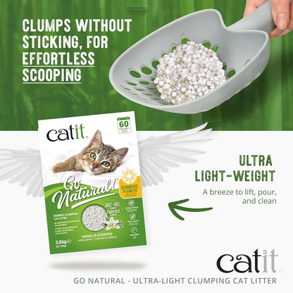 Catit Go Natural Ultra-Light Clumping Cat Litter, Bamboo Pellets, Dust-Free, Lightweight, Compostable, Vanilla Scent, Soft on Paws, Deodorizing, Eco-Friendly Litter 7.9lb