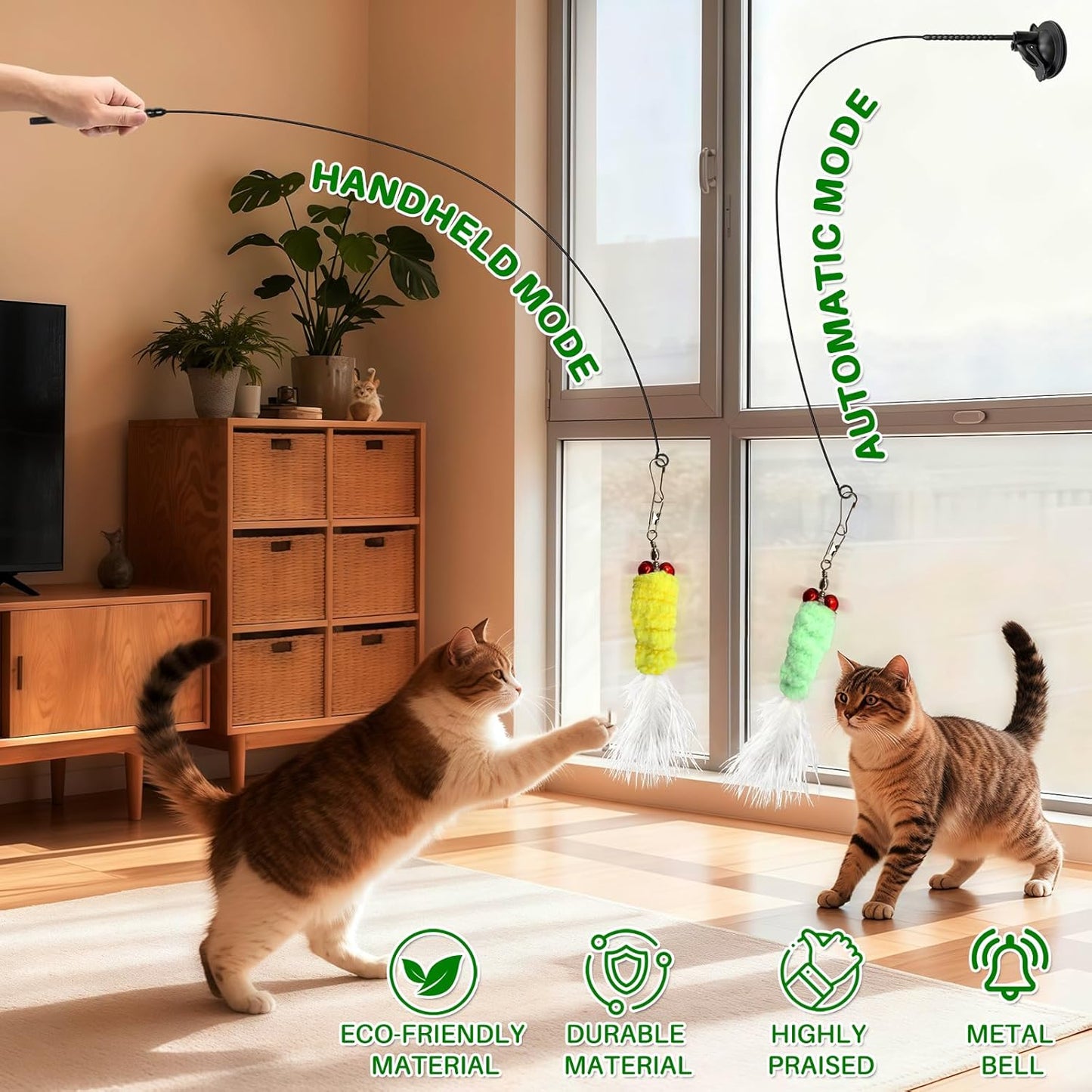Cat Toys Interactive Teaser Wand, Feathered Fish Toy with Suction Cup Base, Realistic Fish & Feather Attachments for Multi-Cat Households, Perfect for Independent Play, Ideal for Cats & Kittens