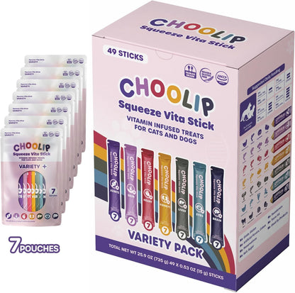 Choolip Squeeze Vita Stick Lickable Cat and Dog Treats – 49-Count Variety Pack with Multivitamins, Soft Squeezable Paste for All Life Stages, Supporting Overall Health - Box with 7 Pouches