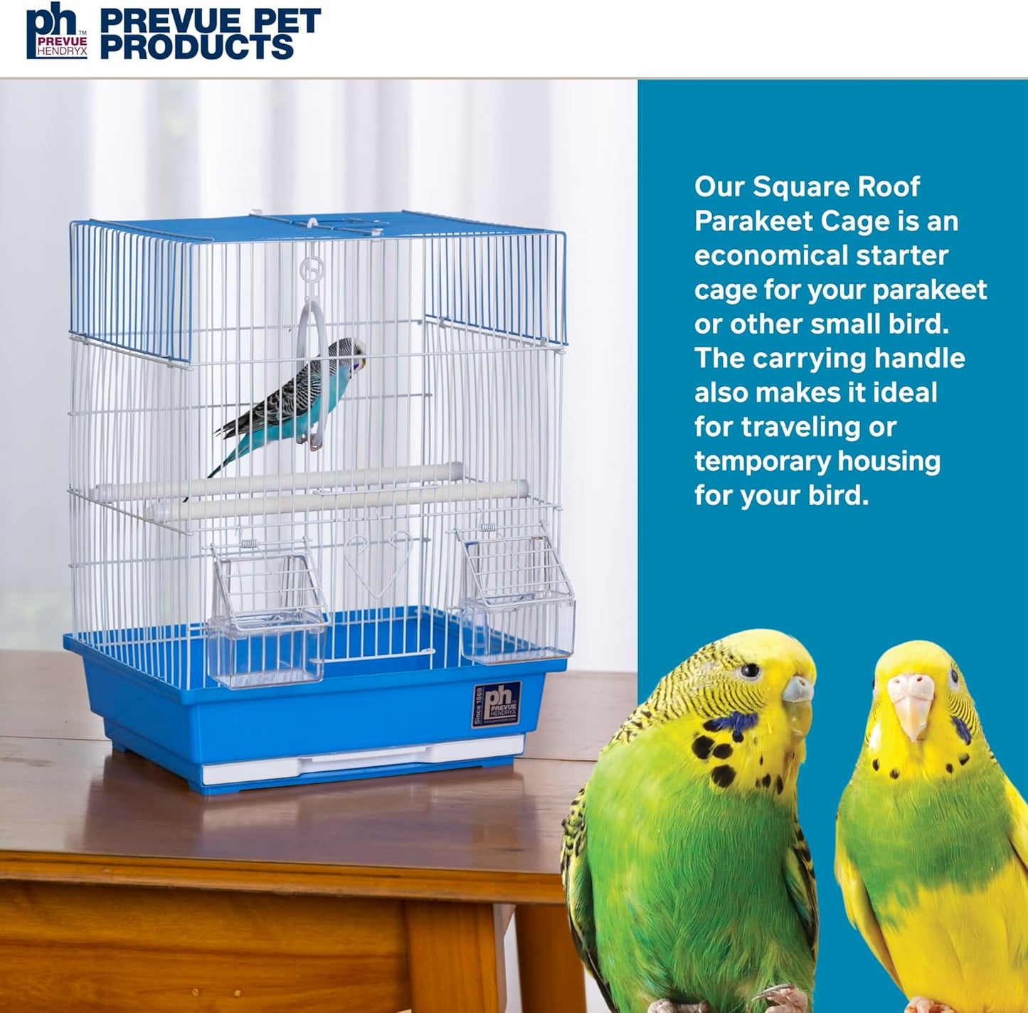 Prevue Pet Products Flat Top Economy Parakeet and Small Bird Cage with White Wire, Blue Plastic Base with Removable Tray