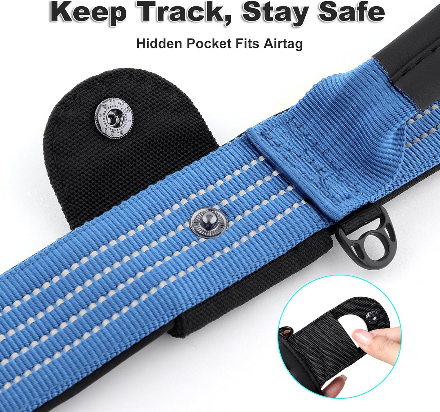 Plutus Pet Tactical Dog Collar with Tracker Pocket for AirTag, Adjustable Reflective Nylon Collar, Metal Buckle, Leather-Wrapped Handle, Soft Padded for Medium Large Dogs (Blue, M)