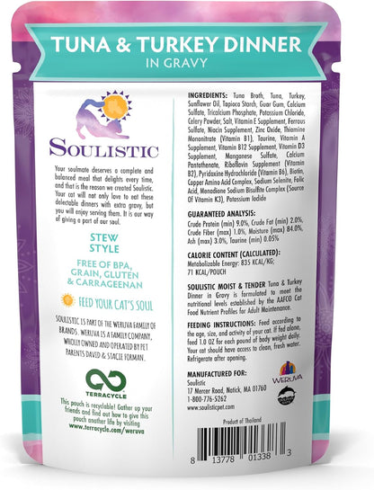 Soulistic Moist and Tender, Tuna and Turkey Dinner in Gravy, 3oz Pouch, Pack of 8