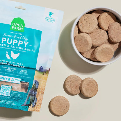 Open Farm, Freeze Dried Raw Puppy Food, Patties with 95% Meat, Organs & Bone, Complete Meal or Freeze Dried Dog Food Mixer, Chicken & Salmon Puppy Recipe, 10.5oz Bag