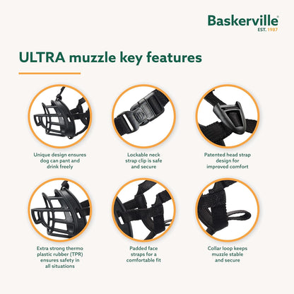 BASKERVILLE Ultra Dog Muzzle- Black Size 4, Perfect for Medium Dogs, Prevents Chewing and Biting, Basket allows Panting and Drinking-Comfortable, Humane, Adjustable, Lightweight, Durable