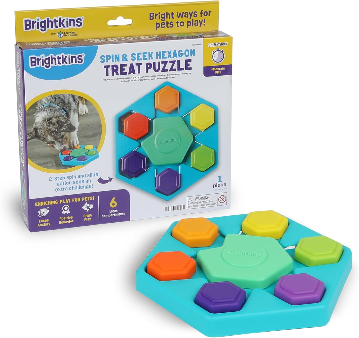 Brightkins Spin & Seek Hexagon Treat Puzzle, Outdoor Puzzle Board, Interactive Dog Toys, Dog Birthday, Enrichment Slow Feeder Bowls, Puppy Teething and Chewing, Stimulating Automatic Feeder