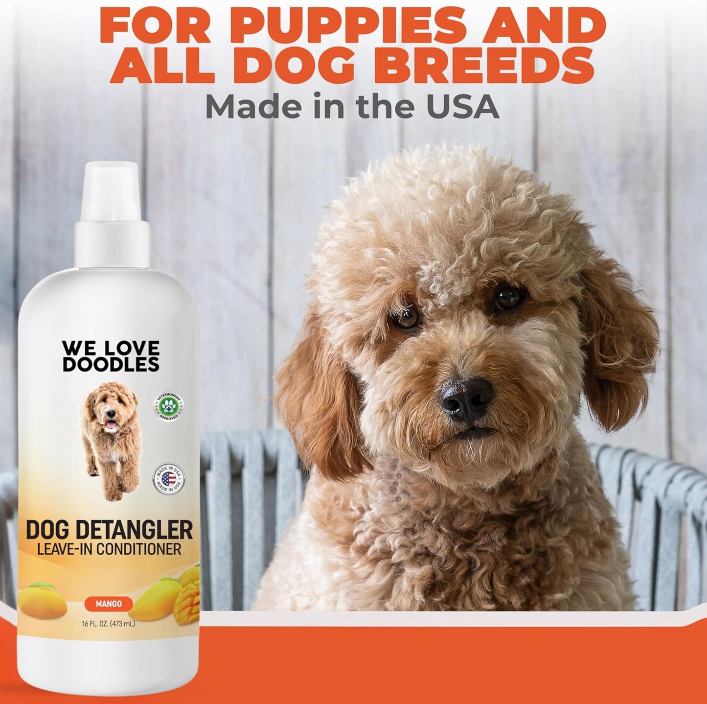 We Love Doodles Dog Detangler Spray - Leave-in Conditioner for Dogs - Dog Detangling Spray - Dematting Spray for Dogs - Tangle Remover - Made in The USA, Large 16 fl oz (Mango)