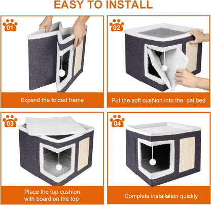 Cat Houses for Indoor Cats - Large Cat Bed Cave with Scratch Pad and Fluffy Ball, Foldable Cat Condo Hideaway with Reversible Cushion for Multi Small Pet, Dark Grey