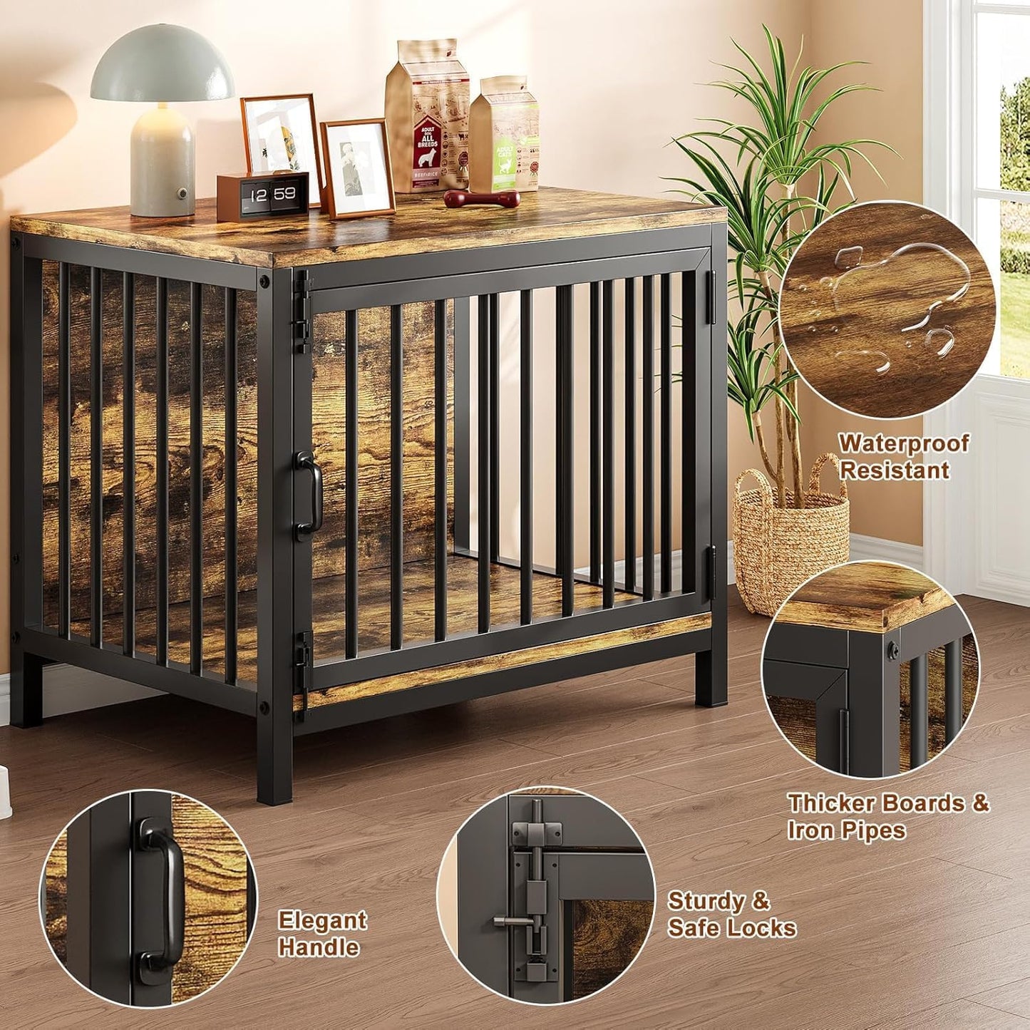 Dog Crate Furniture, Farmhouse Heavy Duty Dog Kennel, 31'' Wooden Dog House End Table for Small Medium Dogs, Rustic Brown