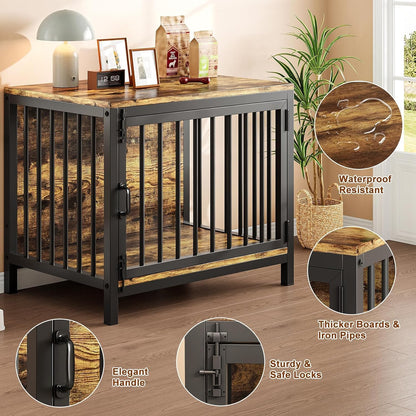 Dog Crate Furniture, Farmhouse Heavy Duty Dog Kennel, 31'' Wooden Dog House End Table for Small Medium Dogs, Rustic Brown