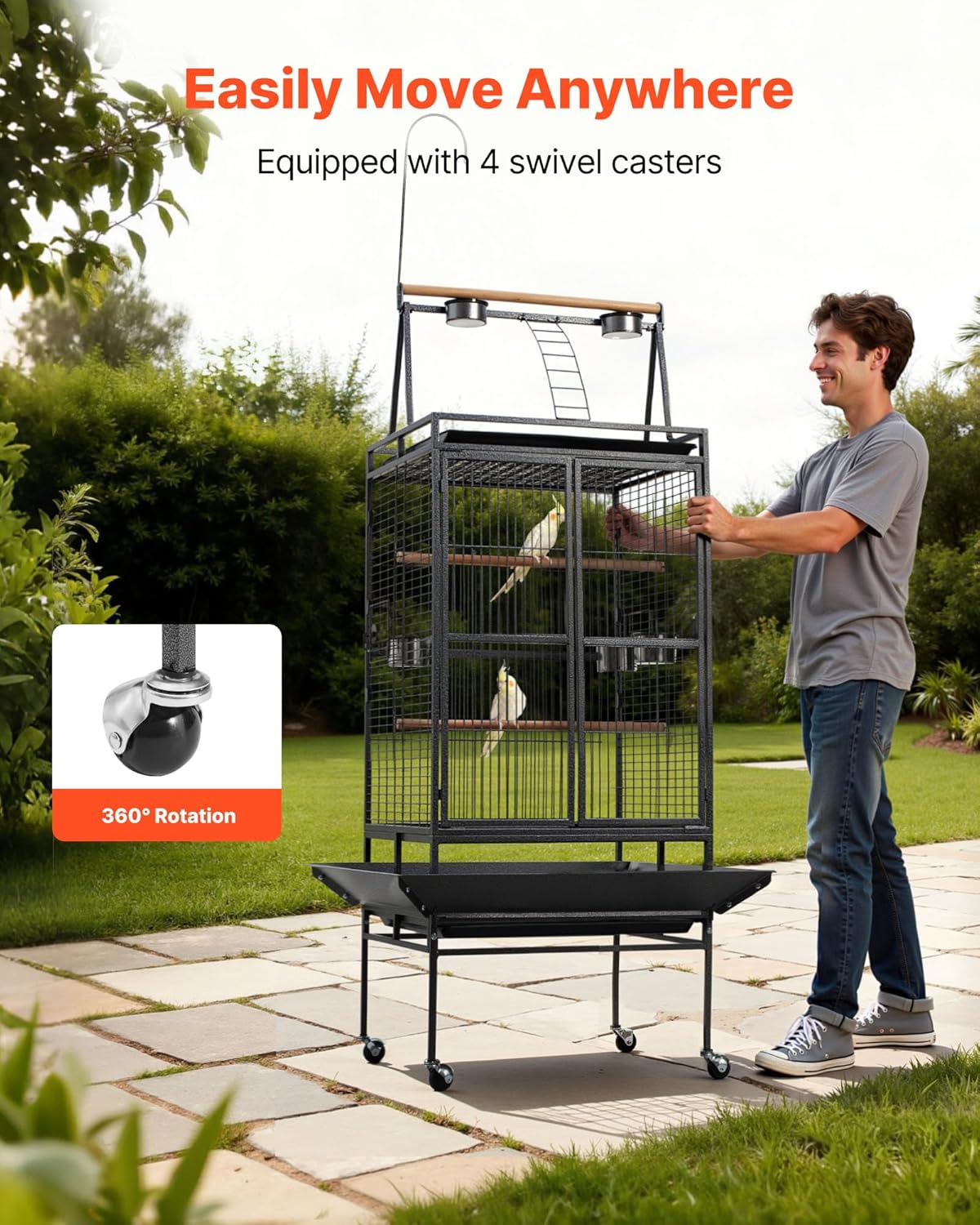 VEVOR Bird Cage, 32.7 x 31.1 x 82.7 inch, Open Flat Top, Wrought Iron Bird Flight Cage with Perches, Slide-Out Tray, Plastic Feeders, for Cockatiel, Monk Parakeet, Amazon Parrot, African Grey Parrot