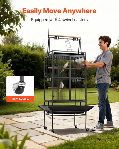 VEVOR Bird Cage, 32.7 x 31.1 x 82.7 inch, Open Flat Top, Wrought Iron Bird Flight Cage with Perches, Slide-Out Tray, Plastic Feeders, for Cockatiel, Monk Parakeet, Amazon Parrot, African Grey Parrot
