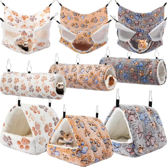 Abbylike 9 Pieces Rat Hammock 3 Tier Guinea Pig Ferret Hammocks Small Pet Hanging Tunnel Glider Toy Guinea Pig Ferret Hideout Bed Cage Accessories for Hamster(Light Brown, White, Black,Paw)