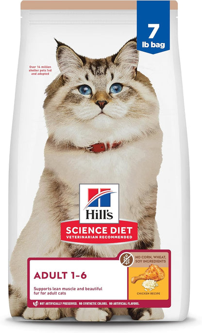 Hill's Science Diet Adult 1-6, Adult 1-6 Premium Nutrition, Dry Cat Food, No Corn, Wheat, Soy Chicken & Brown Rice Recipe, 7 lb Bag