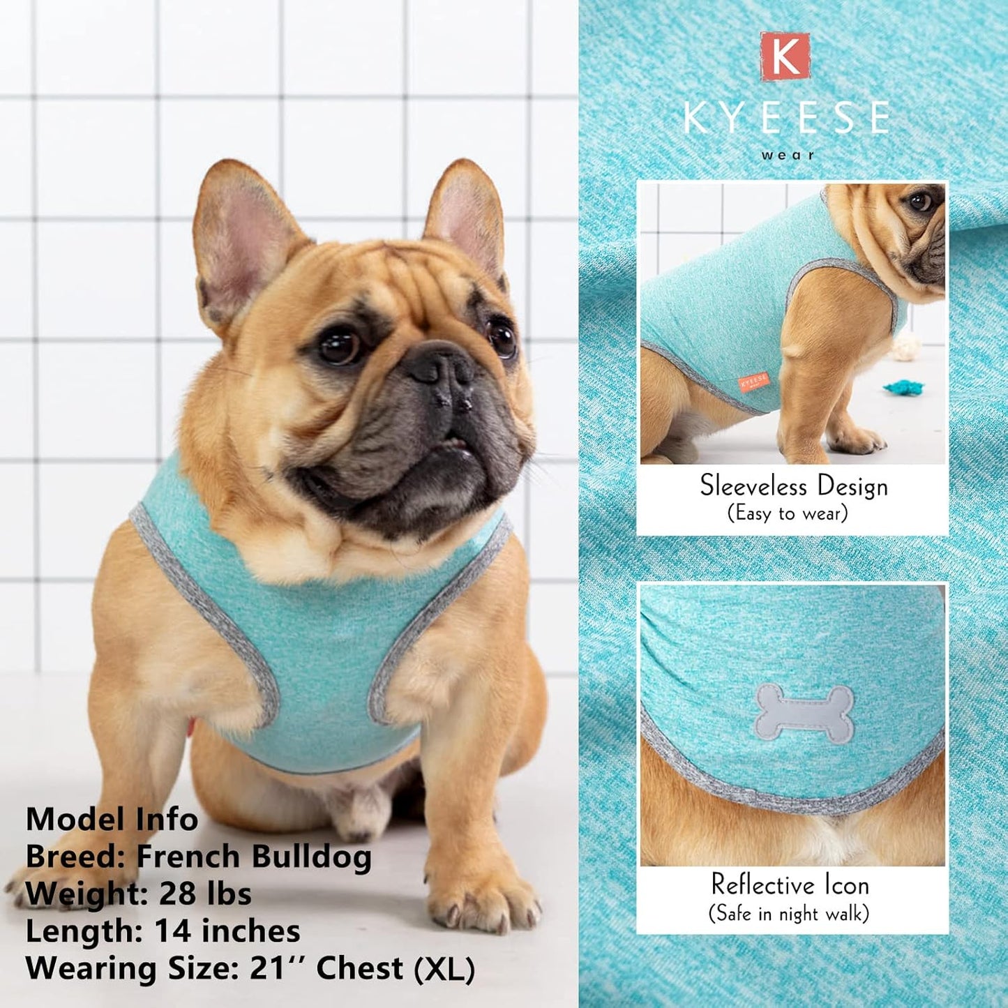 KYEESE 2 Pack Sun Protection Dog Shirts Quick Dry Soft Stretchy Dog T-Shirts with Reflective Label Tank Top Sleeveless Vest Pet Clothes for Small Medium Pet, Large, Grey+Blue