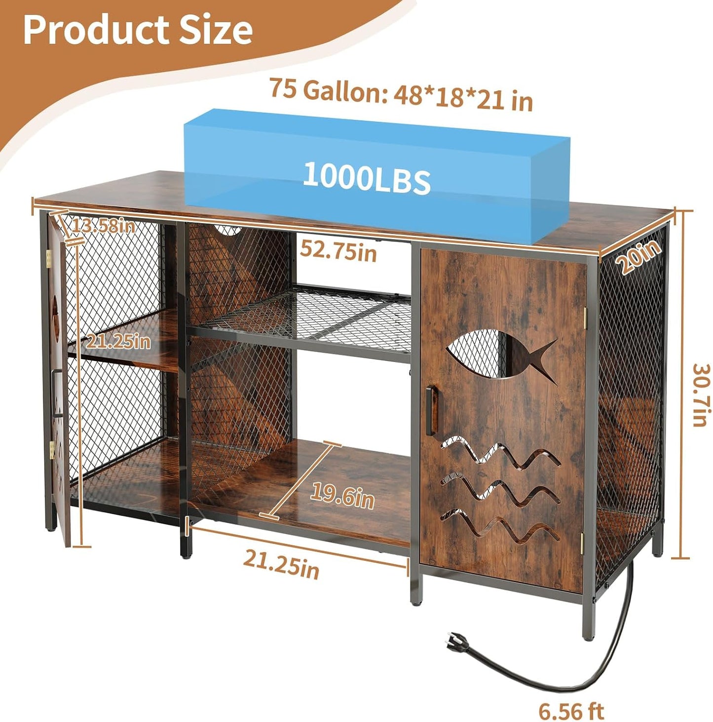 55-75 Gallon Fish Tank Stand with Power Outlet, Rustic Wood Aquarium Table with Cabinet and Shelf, Heavy Duty Metal Rack for Turtle Tank, Reptile Terrarium, 1000LBS Capacity, Brown