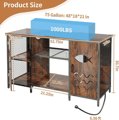 55-75 Gallon Fish Tank Stand with Power Outlet, Rustic Wood Aquarium Table with Cabinet and Shelf, Heavy Duty Metal Rack for Turtle Tank, Reptile Terrarium, 1000LBS Capacity, Brown