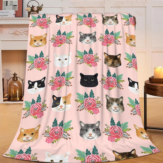 Pink Cat Blanket Gifts for Girls Women Cute Cats Fleece Blankets Soft Warm Animal Flowers Throw Cozy Flannel Plush Stuff Throws for Kids Adults Bed Couch Bedding Decor 50"x40"