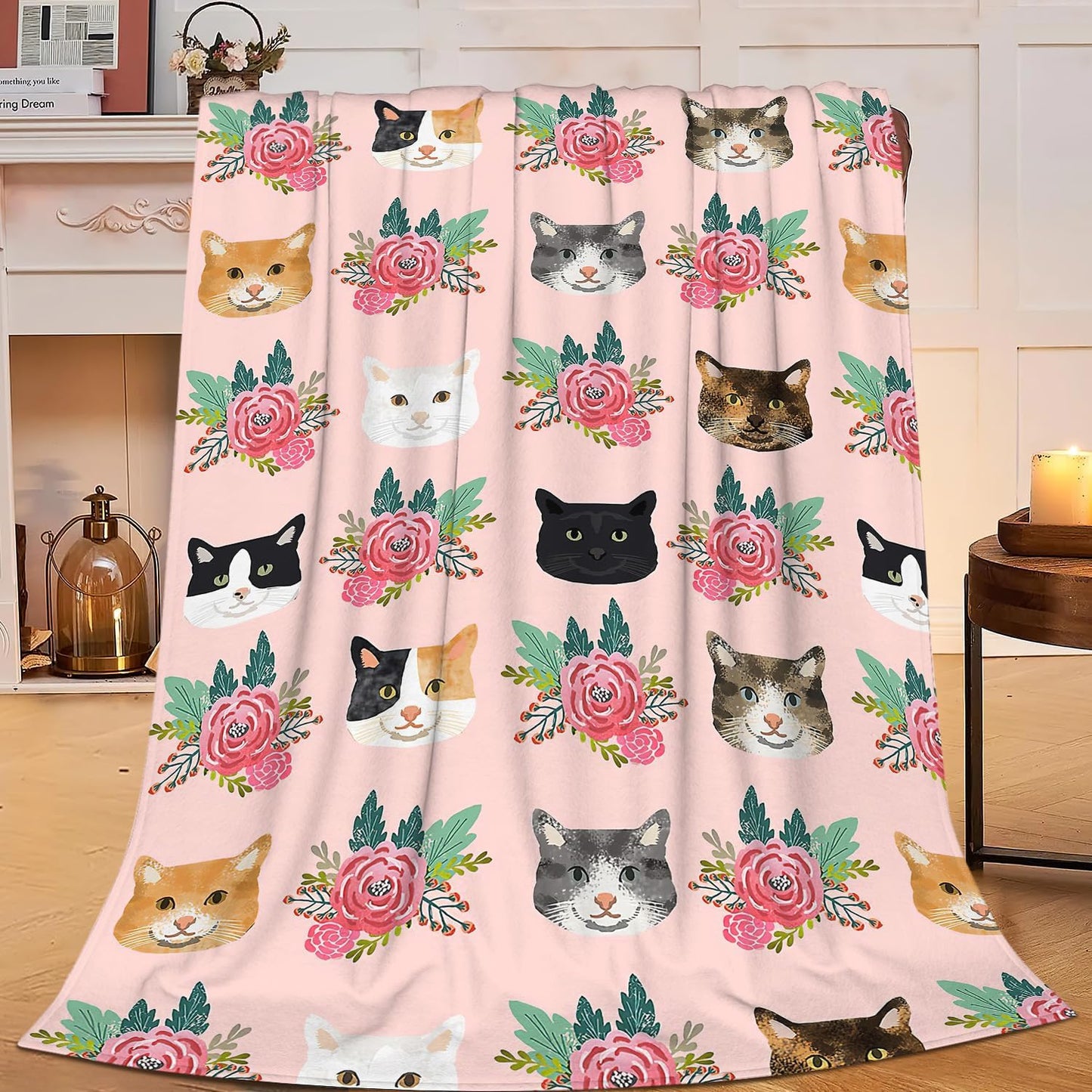 Pink Cat Blanket Gifts for Girls Women Cute Cats Fleece Blankets Soft Warm Animal Flowers Throw Cozy Flannel Plush Stuff Throws for Kids Adults Bed Couch Bedding Decor 50"x40"