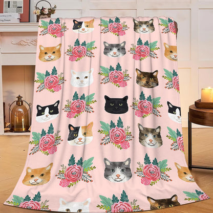 Pink Cat Blanket Gifts for Girls Women Cute Cats Fleece Blankets Soft Warm Animal Flowers Throw Cozy Flannel Plush Stuff Throws for Kids Adults Bed Couch Bedding Decor 50"x40"