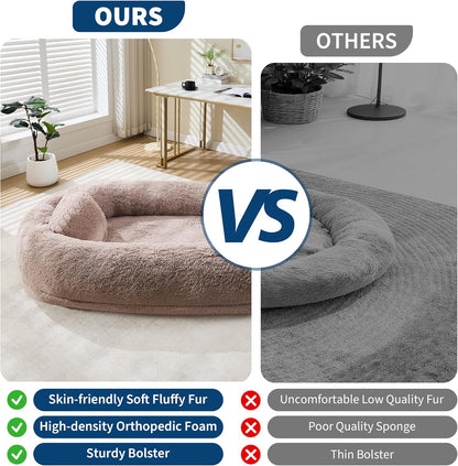 67 in x43 in x8 in Human Dog Bed for Adult & Pets, Faux Fur Removable Human Dogs Bed with Pillow, Portable Handle, Side Pocket, Egg Orthopedic Foam, Large Dog Beds for Bedroom Living Room Office Brown