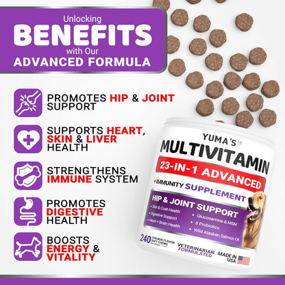 Dog Multivitamin Chewable with Glucosamine - 240 Treats - Dog Vitamins and Supplements - Senior & Puppy Multivitamin for Dogs - Hip & Joint Support - Immune Health, Skin, Heart, Digestion, Probiotics