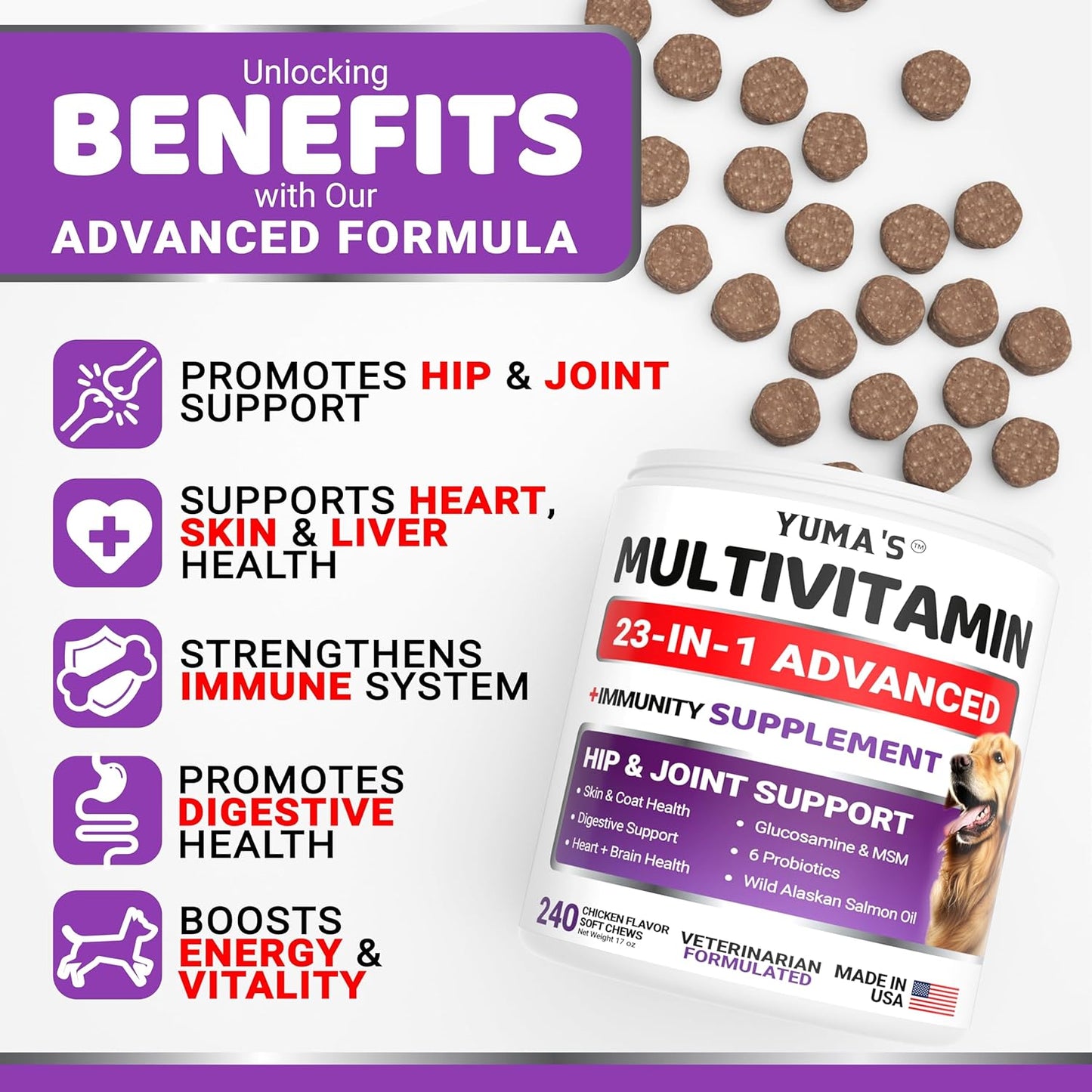 Dog Multivitamin Chewable with Glucosamine - 240 Treats - Dog Vitamins and Supplements - Senior & Puppy Multivitamin for Dogs - Hip & Joint Support - Immune Health, Skin, Heart, Digestion, Probiotics