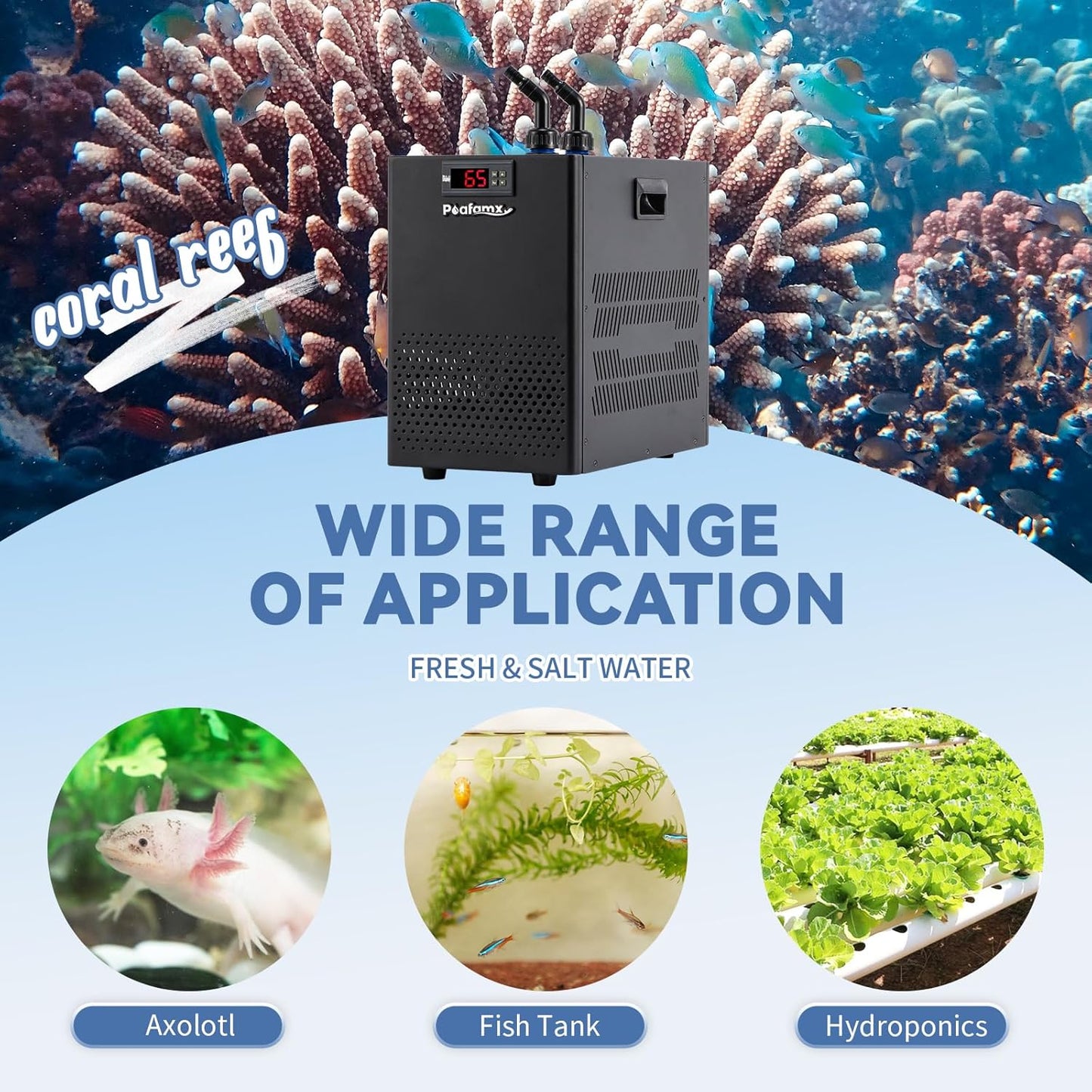 Poafamx Aquarium Chiller 26gal Aquarium Cooler 1/13 HP Fish Tank Chiller Hydroponic Water Chiller with Quiet Refrigeration Compressor for Saltwater Freshwater Axolotl Coral Jellyfish
