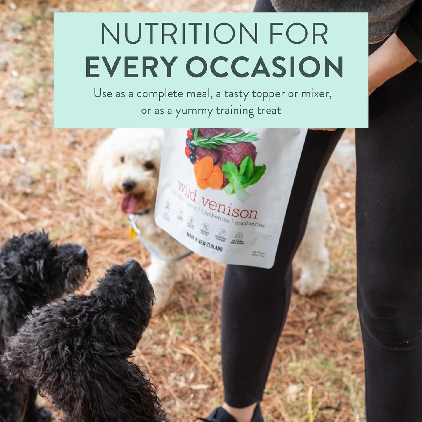 WOOF Freeze Dried Dog Food Bundle - Wild Venison (9.9 oz) & Wild Goat (1.76 oz), High Protein Raw Dog Food, Mixer, Topper, or Treat for All Life Stages