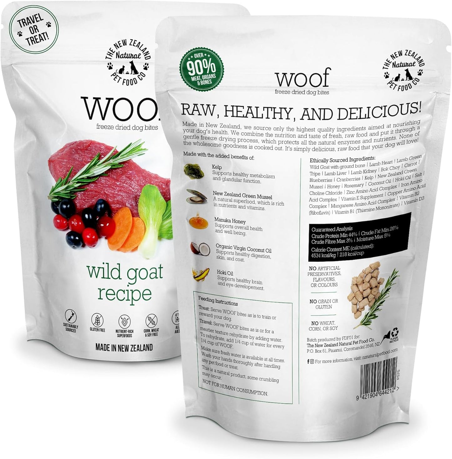 WOOF Freeze Dried Dog Food Bundle - Wild Venison (9.9 oz) & Wild Goat (1.76 oz), High Protein Raw Dog Food, Mixer, Topper, or Treat for All Life Stages