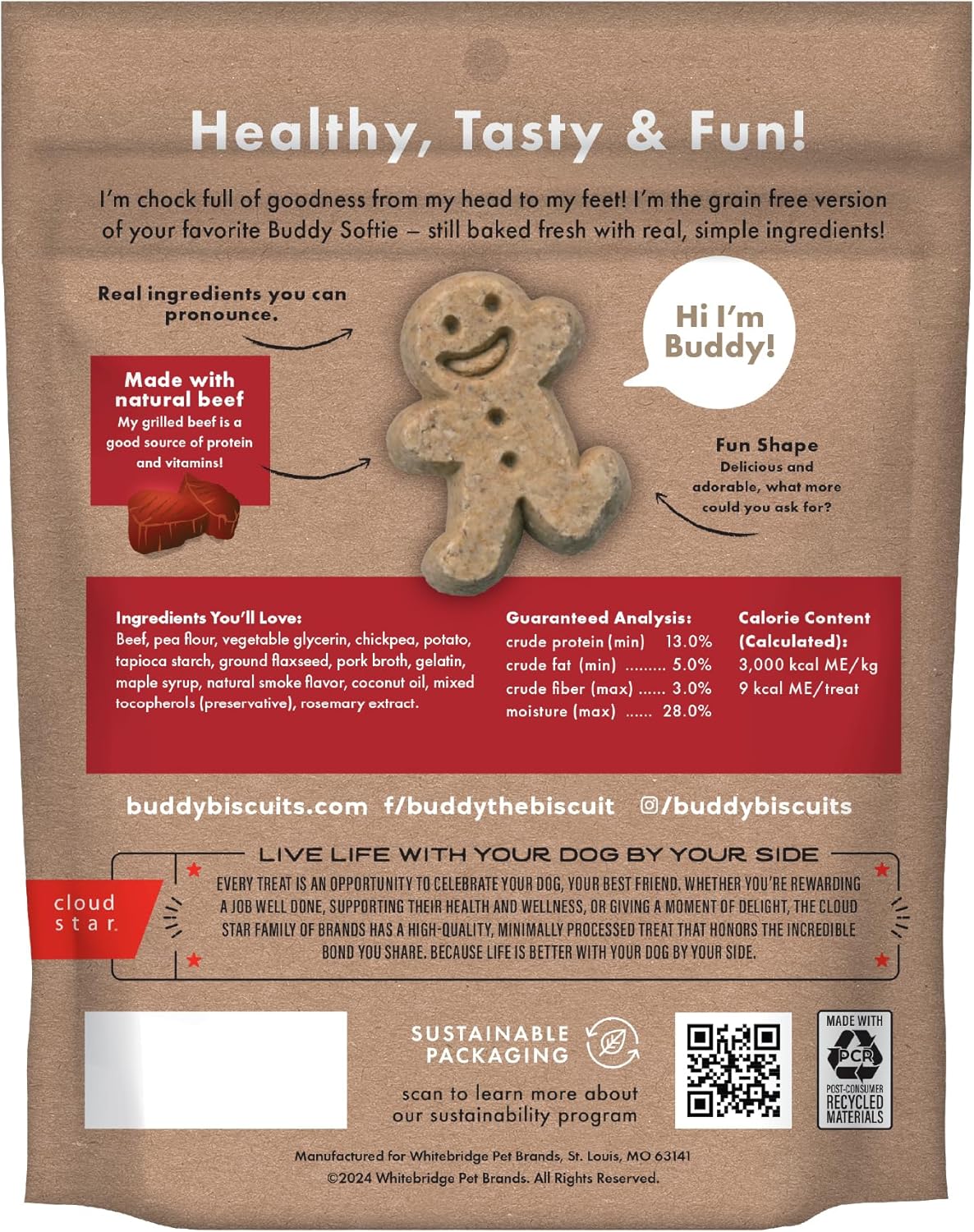 Buddy Biscuit Softies 5 oz Pouch, Grain-Free Soft & Chewy, Natural Grilled Beef Flavor Dog Treats, Oven Baked in the USA