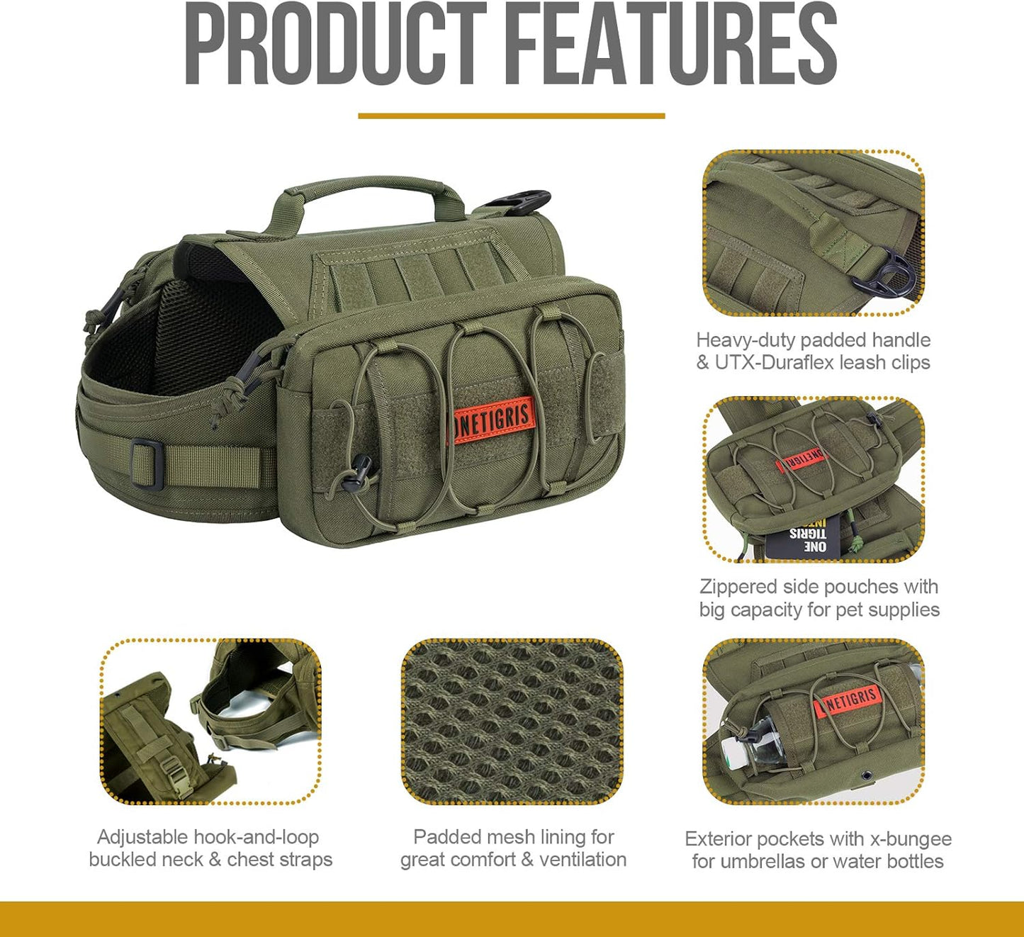 ONETIGRIS Dog Backpack for Hiking Nylon Dog Harness Backpack with Side Pockets for Large Dog with 17"-23.5" Neck Girth and 25"-31" Chest Girth (Green, Medium)