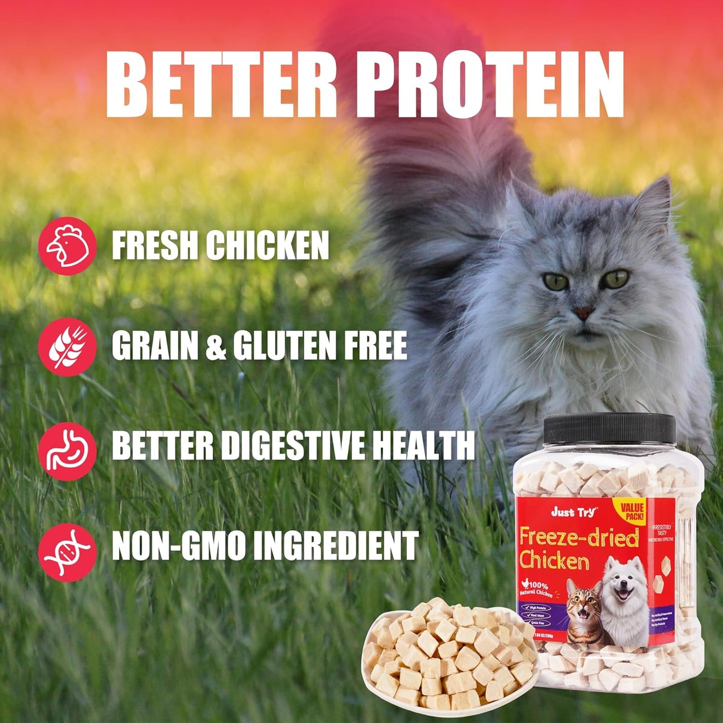 Just Try 7.04 oz Freeze Dried Chicken Cat & Dog Treats Food Topper Raw Single Ingredient High Protein Grain Free Healthy Dog Training Treats