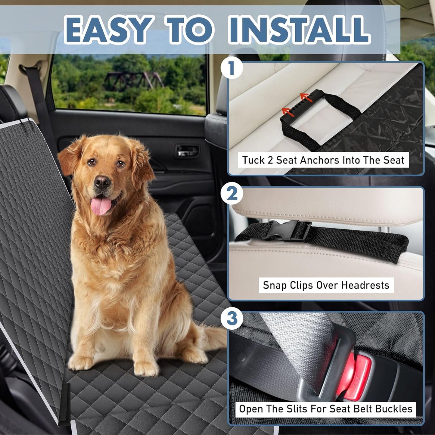 Backseat Cover for Dogs, Waterproof and Non-Slip Pet Bench Seat Covers, Car Seat Protector for Back Seat, Universal Size Rear Car Seat Cover Fits Cars, Trucks and SUVs, M-Charcoal Grey&Grey