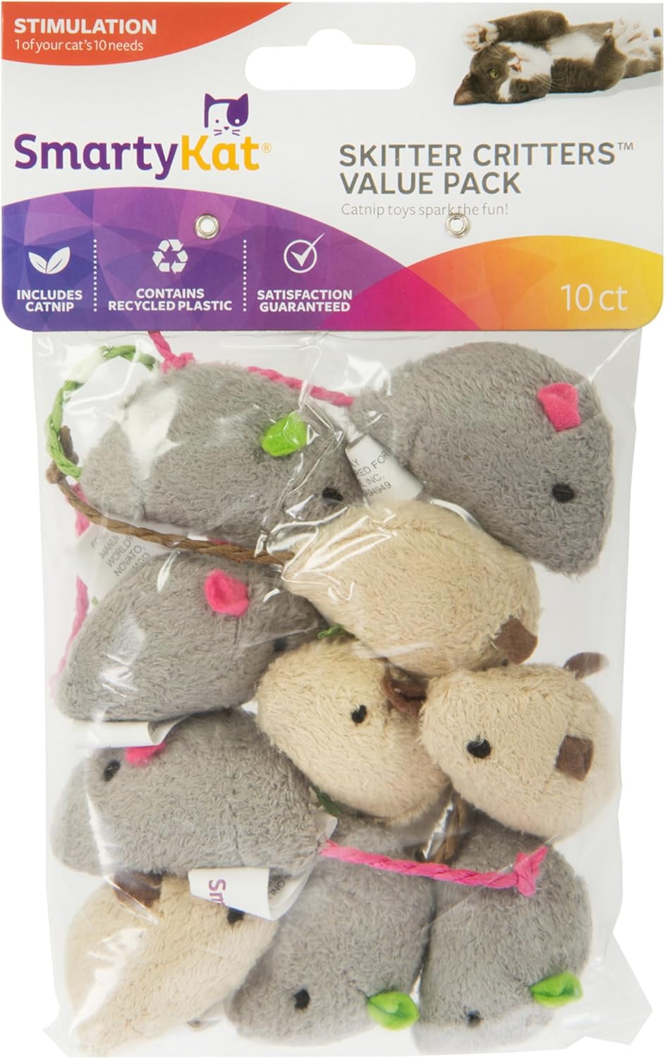 SmartyKat Skitter Critters Value Pack Catnip Cat Toys - Gray/Cream, Set of 10
