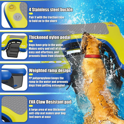Inflatable Dog Pool Ramp Floats for Large Dogs Up to 240 lbs, 60"x 40" Dog Water Boat Ramp Ladder with Non Slip Step | Heavy Duty Dogs Dock for Inground Above Ground Pool, Lake, River
