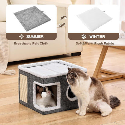 Cat Beds for Indoor Cats, Large Cat Cave with Fluffy Ball and Scratch Pad, Foldable Cat Scratch House with Hideaway Condo for Kitten,16x16x13inch,Grey