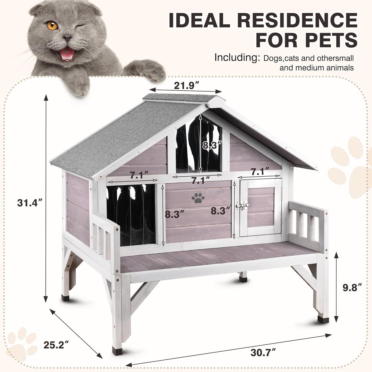 Outdoor Cat House Weatherproof with Balcony - Large Insulated Wooden Shelter for Multiple Cats, All-Weather Feral Cat Shelter for Winter