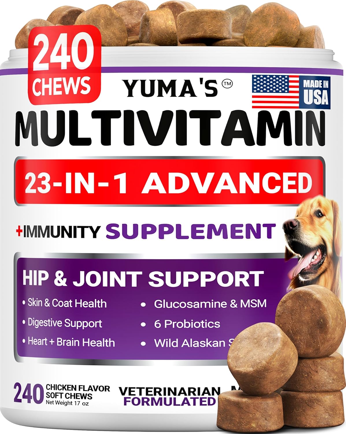 Dog Multivitamin Chewable with Glucosamine - 240 Treats - Dog Vitamins and Supplements - Senior & Puppy Multivitamin for Dogs - Hip & Joint Support - Immune Health, Skin, Heart, Digestion, Probiotics