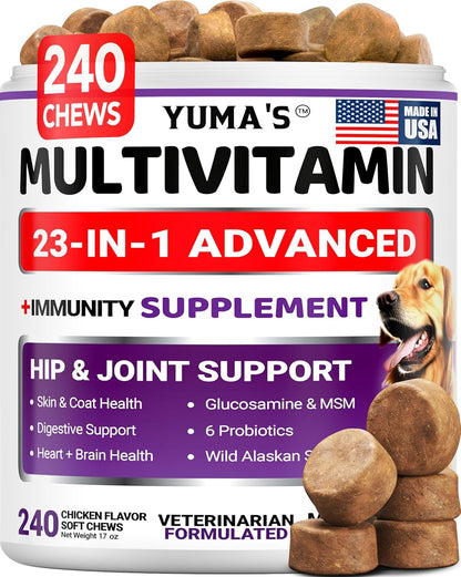 Dog Multivitamin Chewable with Glucosamine - 240 Treats - Dog Vitamins and Supplements - Senior & Puppy Multivitamin for Dogs - Hip & Joint Support - Immune Health, Skin, Heart, Digestion, Probiotics