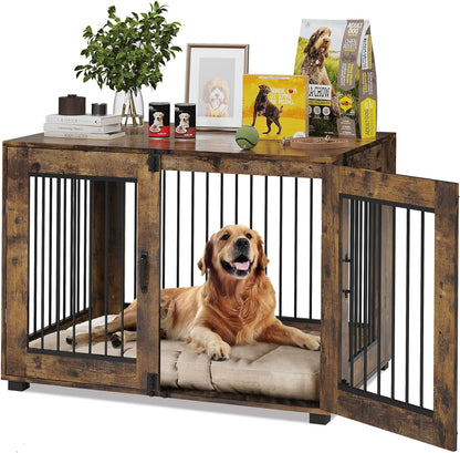 31.5" Wooden Dog Crate Furniture, Indoor Dog Kennel End Table with Dual Doors, Rustic Decorative Pet House Cage, for Medium-Size Dogs, Chew-Resistant, Ventilated, Brown