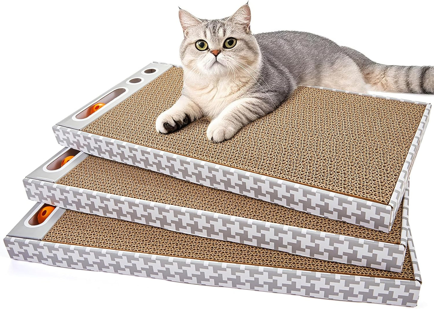 Cat Scratching Board 3 Pack – Reversible Cardboard Scratcher for Indoor Cats, Wide Boxed Scratch Pads with Bell Ball, Durable Corrugated scratchers as Furniture Protector